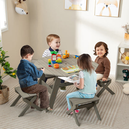 Kids Picnic Table with 4 Chairs and Adjustable Umbrella for Patio Garden Backyard-Grey