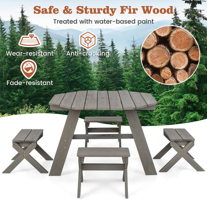 Kids Picnic Table with 4 Chairs and Adjustable Umbrella for Patio Garden Backyard-Grey