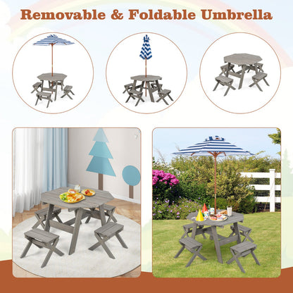 Kids Picnic Table with 4 Chairs and Adjustable Umbrella for Patio Garden Backyard-Grey