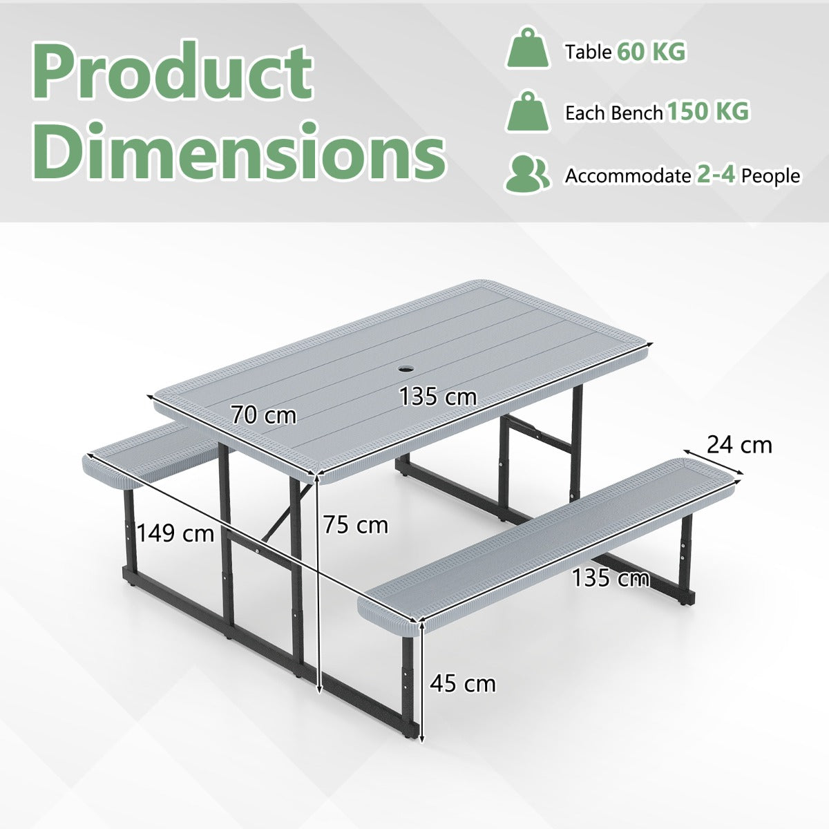Outdoor Rectangular Camping Dining Table and 2 Benches with Umbrella Hole-Grey