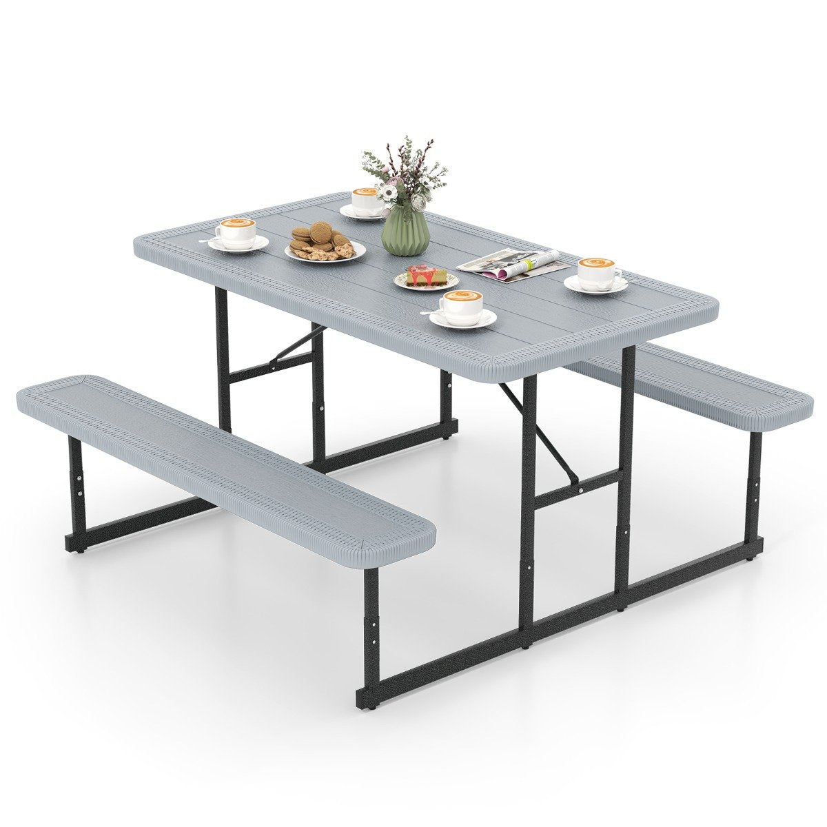 Outdoor Rectangular Camping Dining Table and 2 Benches with Umbrella Hole-Grey