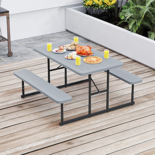 Outdoor Rectangular Camping Dining Table and 2 Benches with Umbrella Hole-Grey