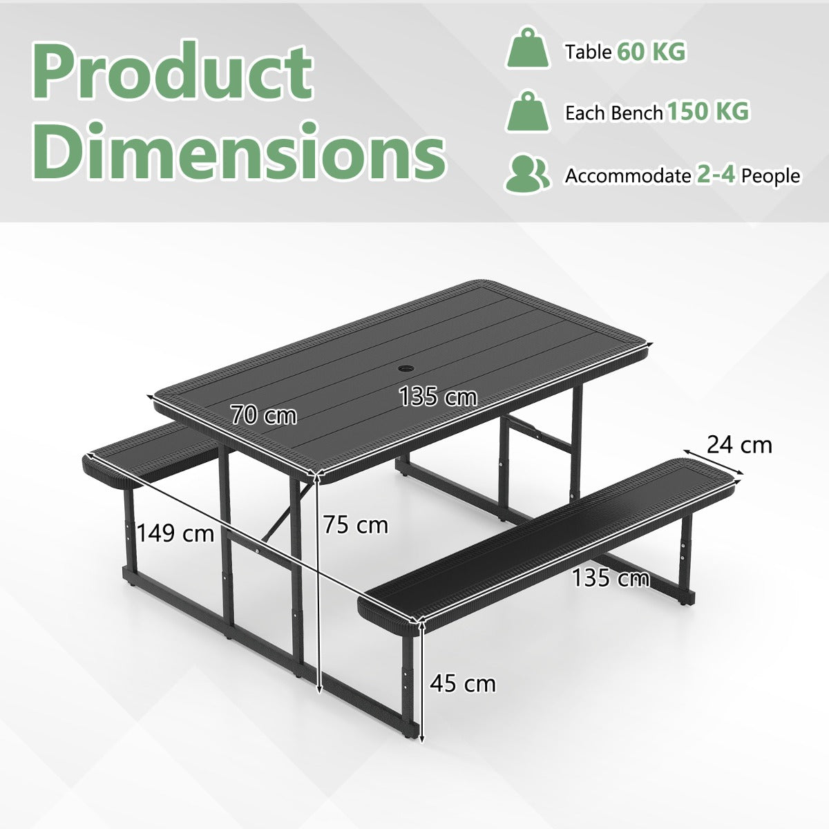 Outdoor Rectangular Camping Dining Table and 2 Benches with Umbrella Hole-Black