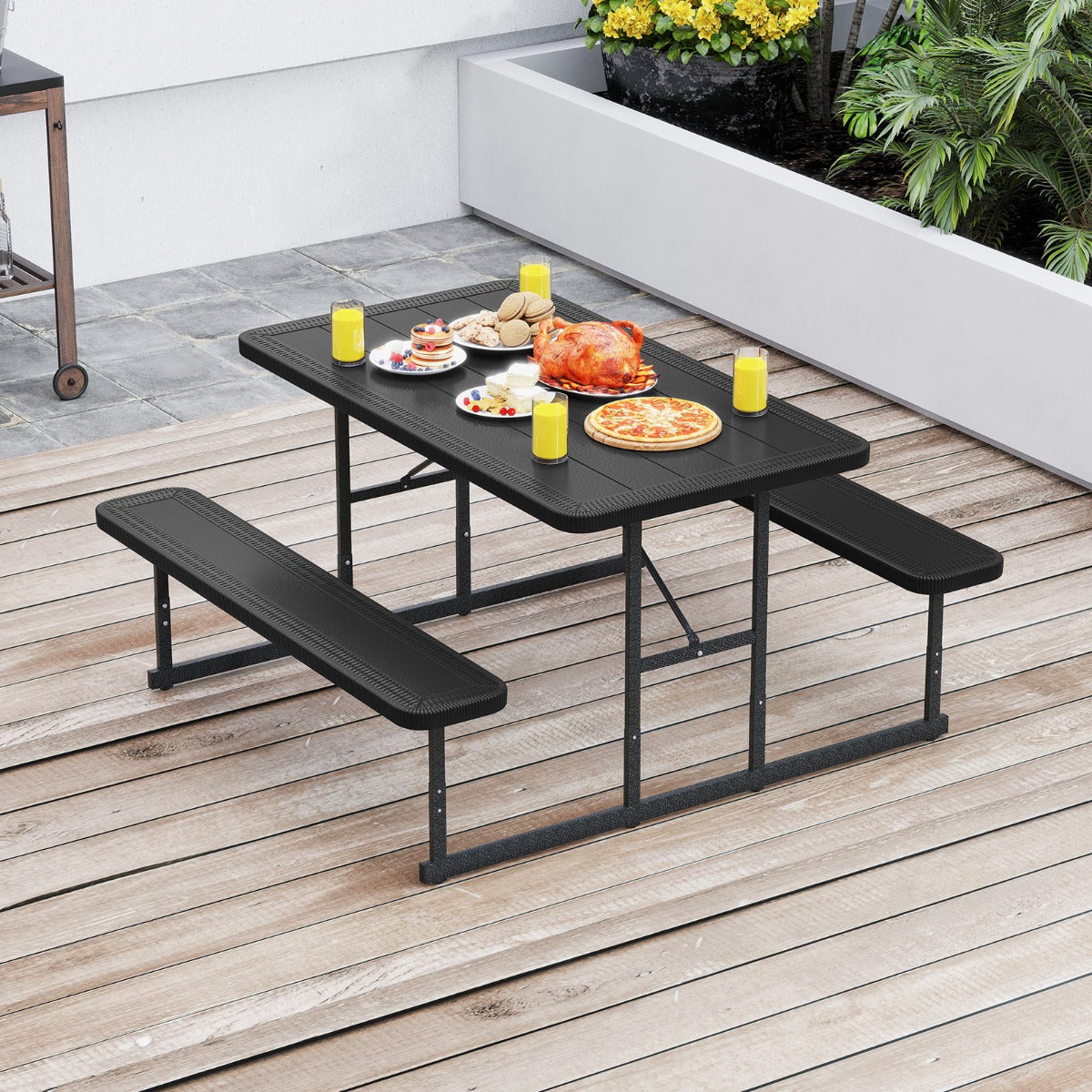 Outdoor Rectangular Camping Dining Table and 2 Benches with Umbrella Hole-Black