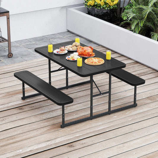 Outdoor Rectangular Camping Dining Table and 2 Benches with Umbrella Hole-Black