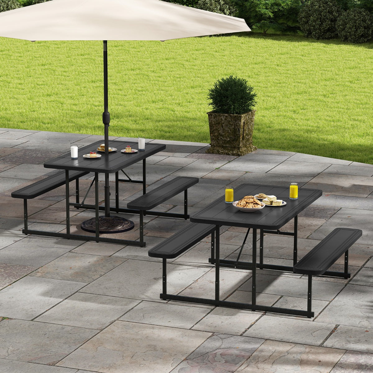 Outdoor Rectangular Camping Dining Table and 2 Benches with Umbrella Hole-Black