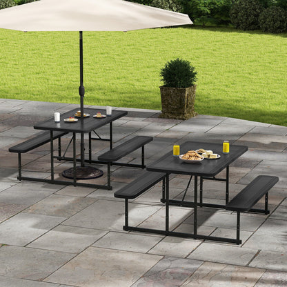 Outdoor Rectangular Camping Dining Table and 2 Benches with Umbrella Hole-Black