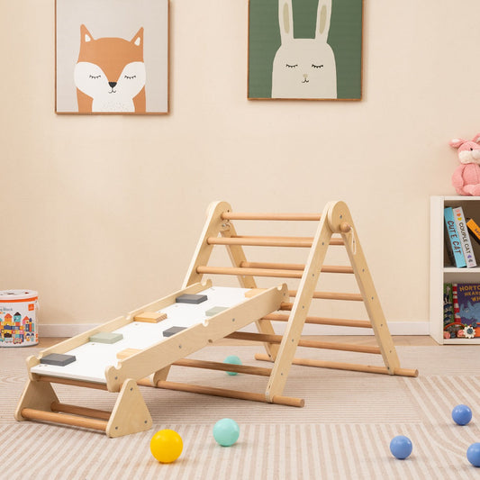 3-in-1 Pikler Triangle Climbing Set with Dual-Side Ramp and Adjustable Climbing Triangle-Natural