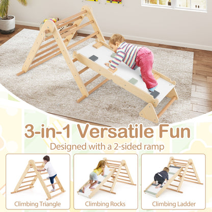 3-in-1 Pikler Triangle Climbing Set with Dual-Side Ramp and Adjustable Climbing Triangle-Natural