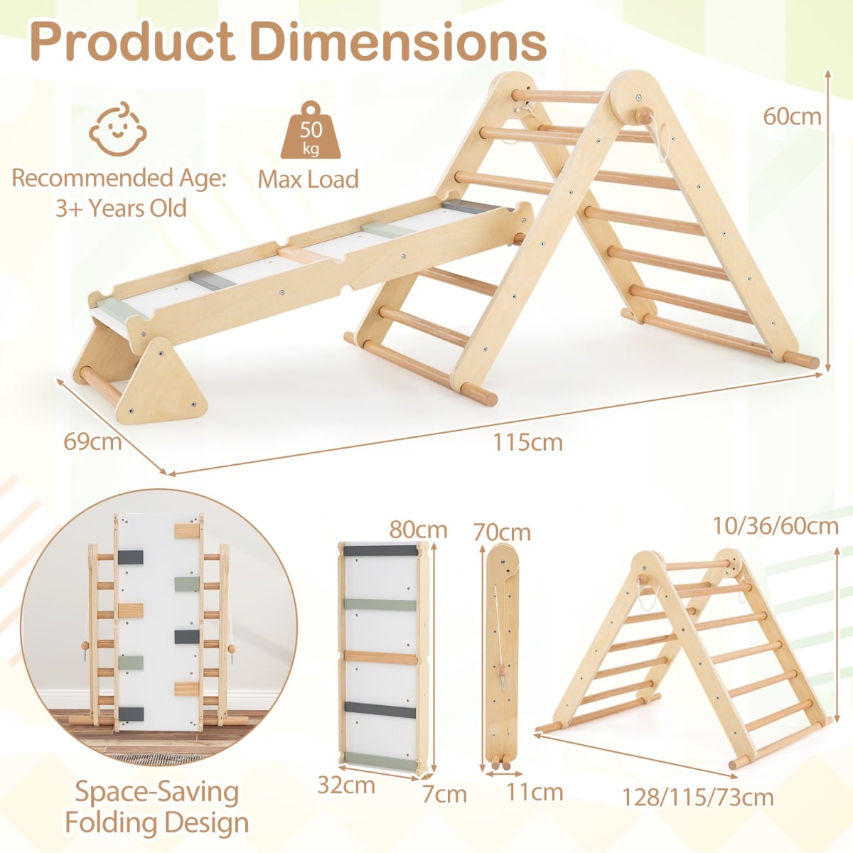 3-in-1 Pikler Triangle Climbing Set with Dual-Side Ramp and Adjustable Climbing Triangle-Natural