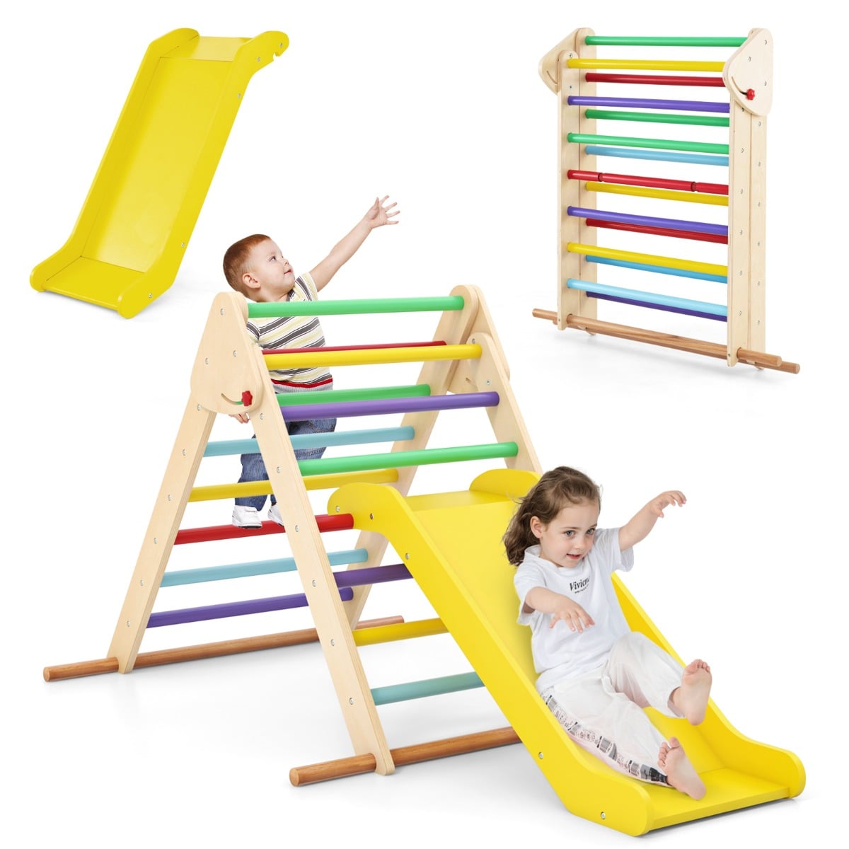 Pikler Triangle Set Foldable Triangle Climber with Slide-Colourful