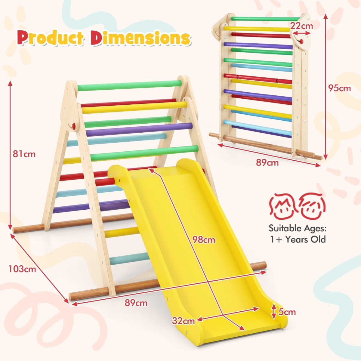 Pikler Triangle Set Foldable Triangle Climber with Slide-Colourful