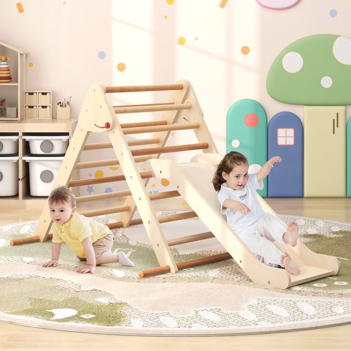 Pikler Triangle Set Foldable Triangle Climber with Slide-Natural