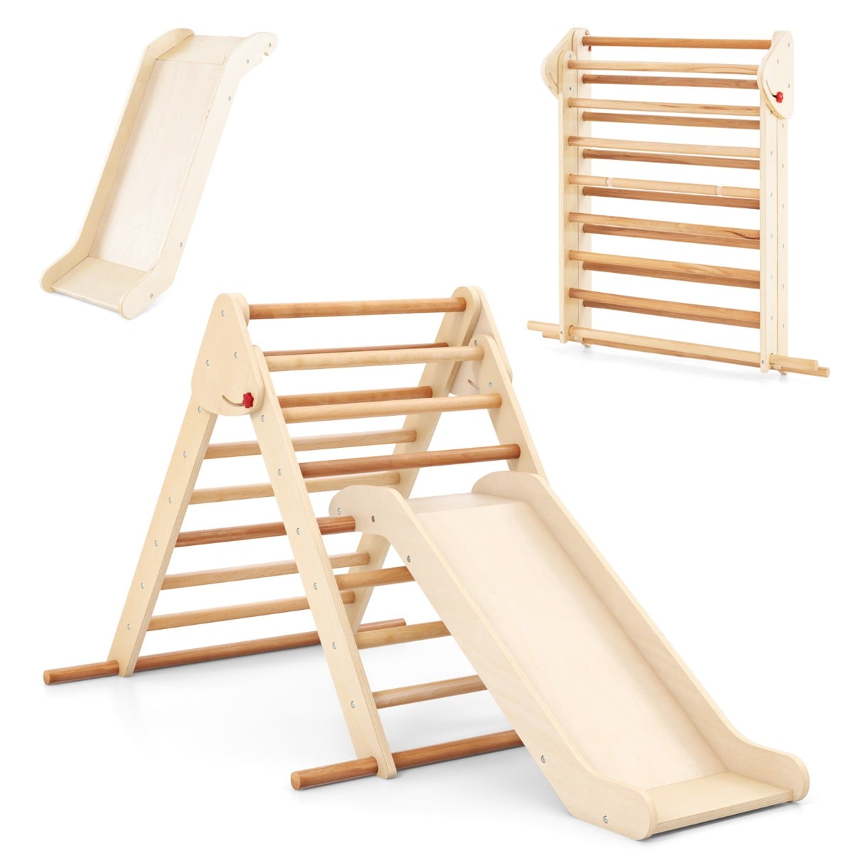 Pikler Triangle Set Foldable Triangle Climber with Slide-Natural