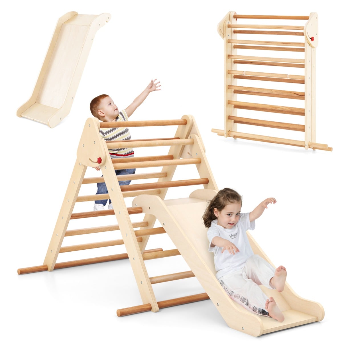 Pikler Triangle Set Foldable Triangle Climber with Slide-Natural