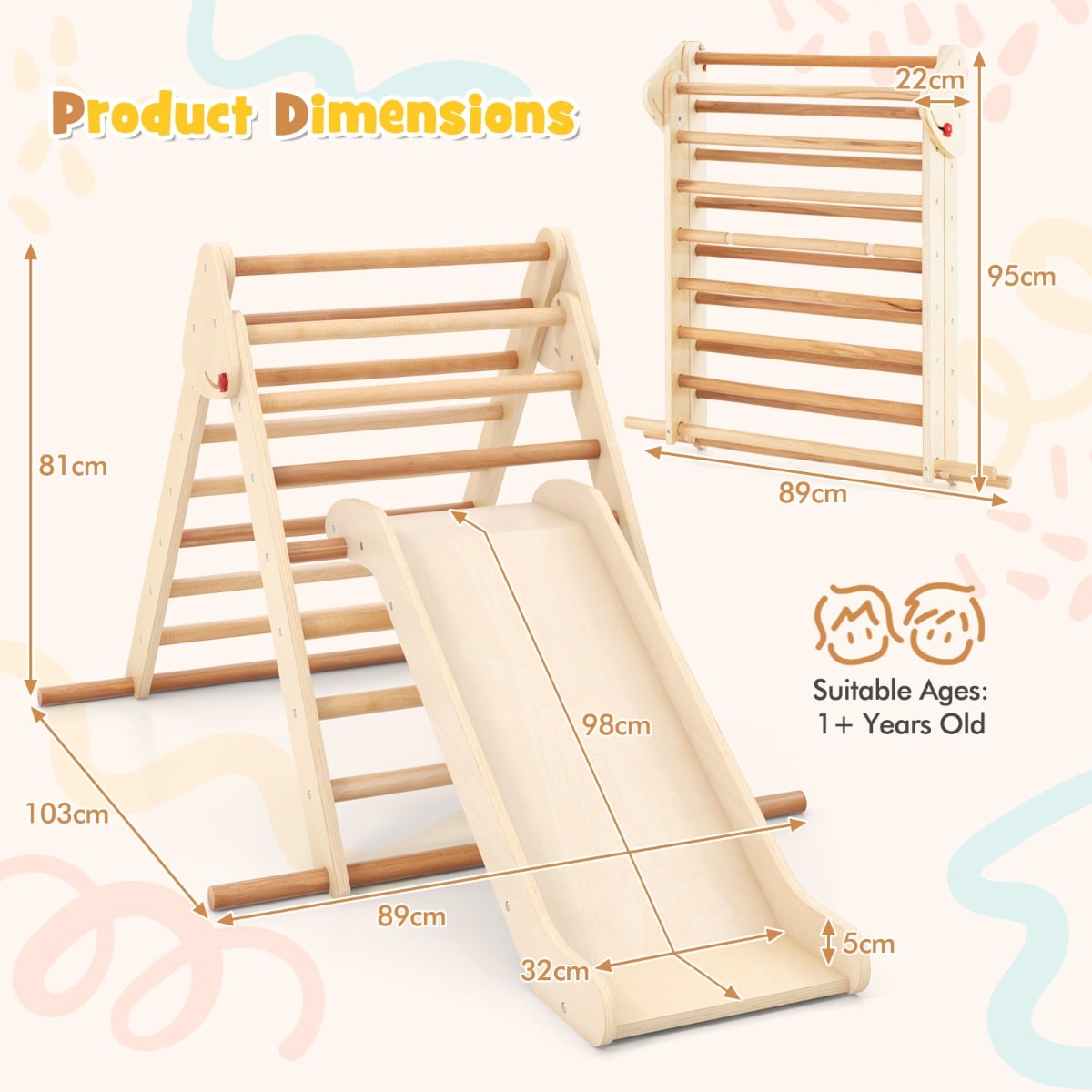 Pikler Triangle Set Foldable Triangle Climber with Slide-Natural