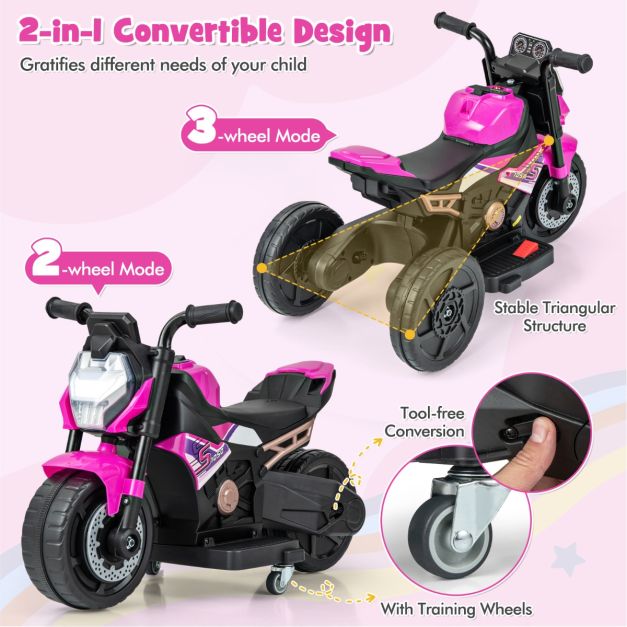 6V Kids Ride-on Motorcycle with 2-wheel/3-wheel Conversion &amp; Detachable Training Wheels-Pink