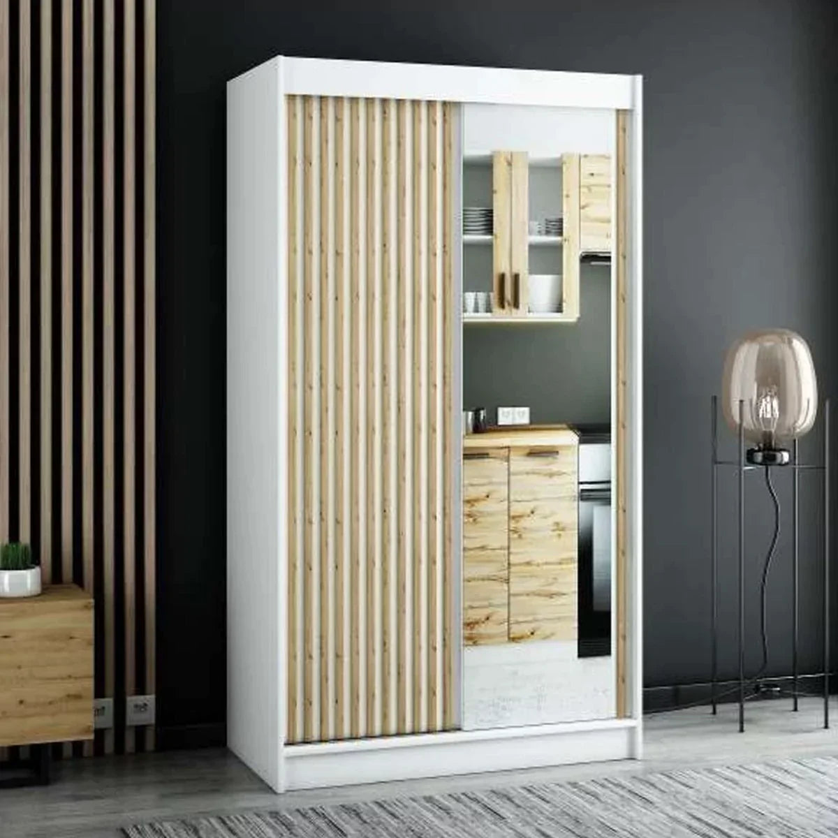 Gloucester II 120cm Sliding Door Wardrobe with Mirror - Black, White, Artisan Oak