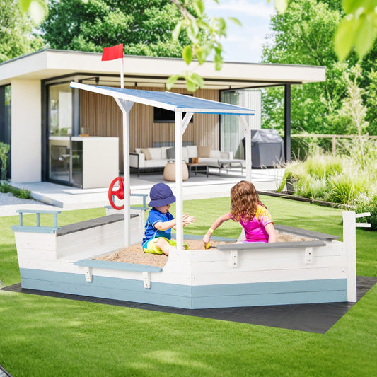 Pirate Ship Sandbox with Canopy with Flag Rudder Bench Seats-White