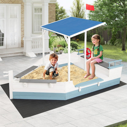 Pirate Ship Sandbox with Canopy with Flag Rudder Bench Seats-White