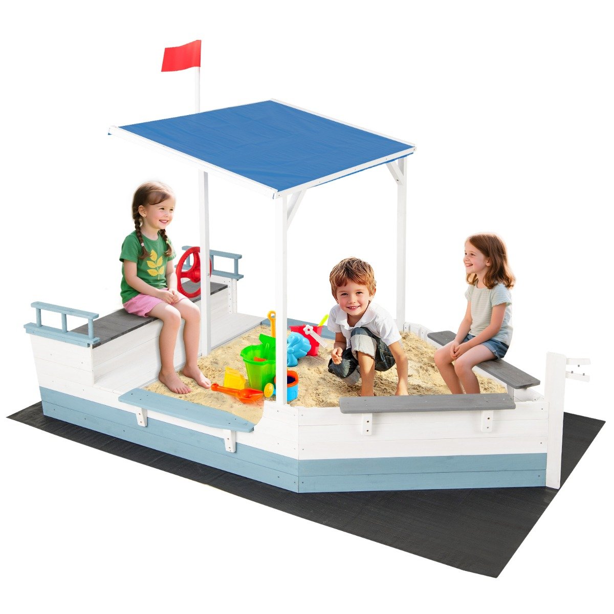Pirate Ship Sandbox with Canopy with Flag Rudder Bench Seats-White