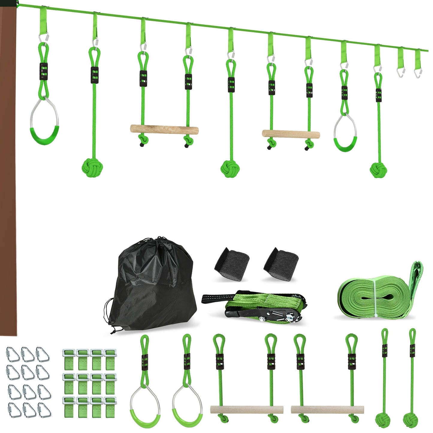 AIYAPLAY 7-Piece Kids Zip Line Kit for Garden, 10m Kids Slackline Kit with Wooden Monkey Bars, Metal Rings, Gripping Balls, Green