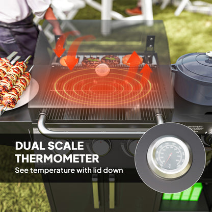 Outsunny 3+1 palnikowy grill gazowy z szafką i półkami, wózek na grilla gazowego o mocy 9,5 kW z 6 kółkami, ruszt do podgrzewania, termometr do gotowania na świeżym powietrzu, przyjęcie ogrodowe, czarny