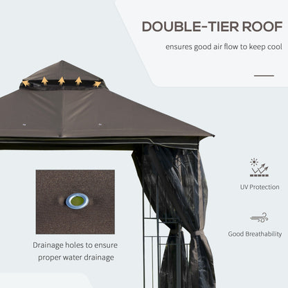 Outsunny Gazebo Garden Outdoor Canopy Double Tier Roof with Removable Mesh Curtains Display Shelves Top Hooks-Coffee