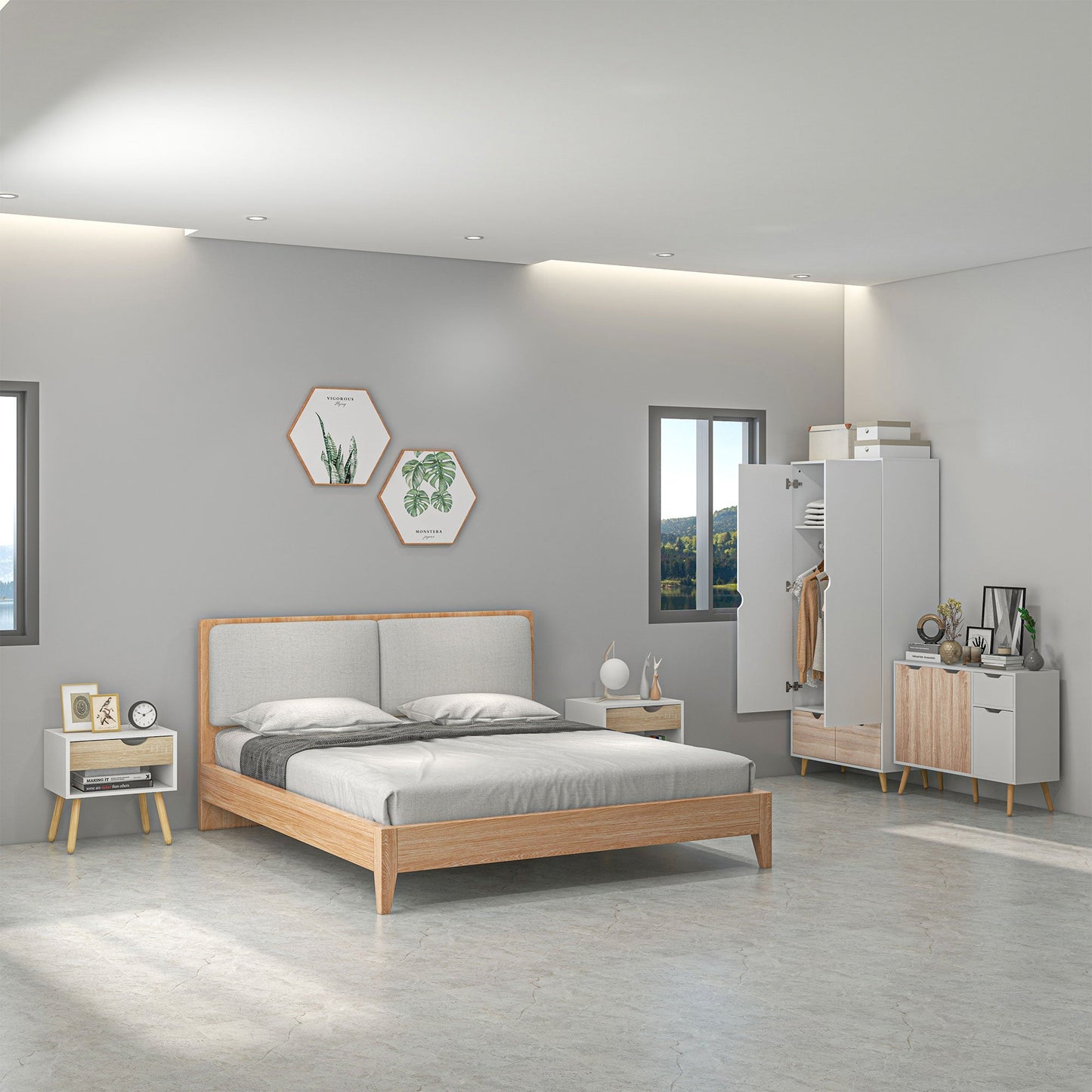 HOMCOM Bedroom Furniture Set, Wardrobe with Hanging Rod, Side Cabinet with Wood Legs, Bedside Table with Drawer, Nature Wood Finish and White