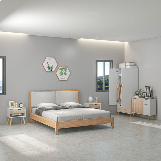 HOMCOM Bedroom Furniture Set, Wardrobe with Hanging Rod, Side Cabinet with Wood Legs, Bedside Table with Drawer, Nature Wood Finish and White