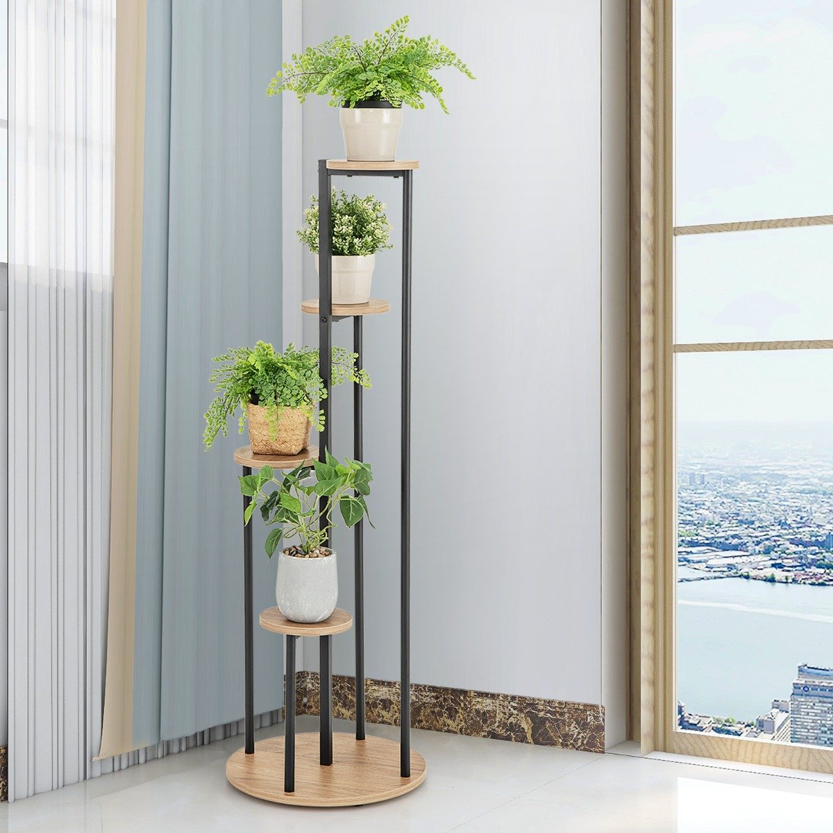 Heavy-Duty Tall Corner Indoor Metal Plant Stand for Potted Plant-Natural