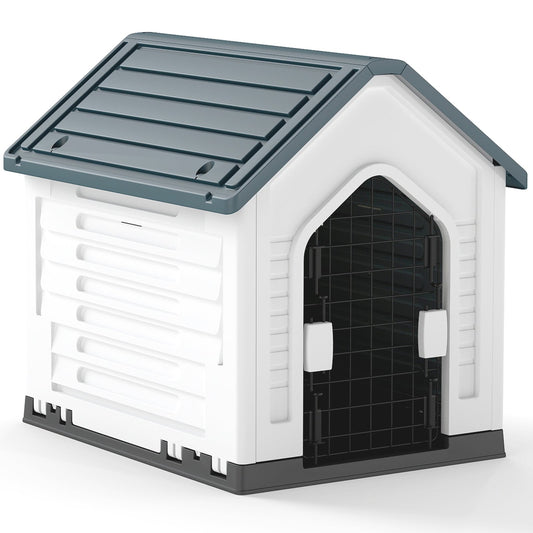Plastic Dog House with Metal Lockable Door and Air Vents-Grey