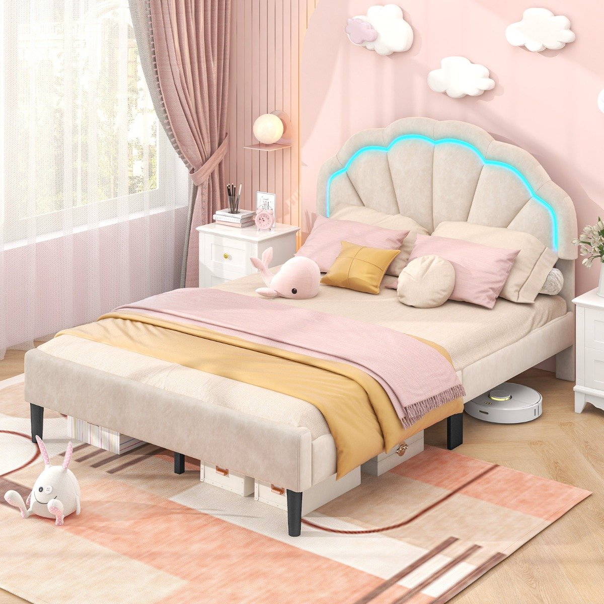 Platform Bed with Adjustable Petal Headboard and Wooden Slats Support-Double Size