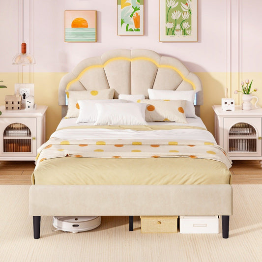Platform Bed with Adjustable Petal Headboard and Wooden Slats Support-Double Size