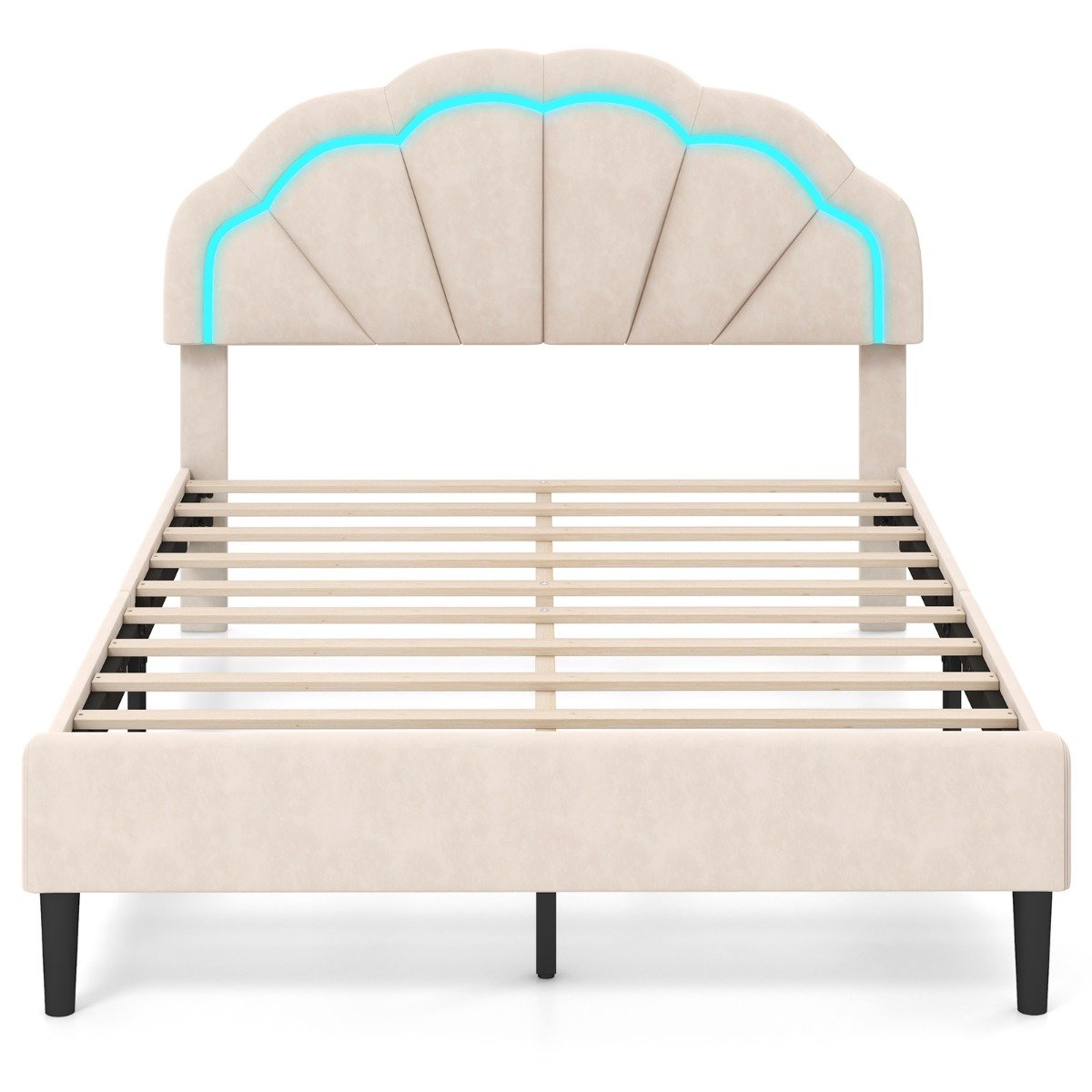 Platform Bed with Adjustable Petal Headboard and Wooden Slats Support-Double Size