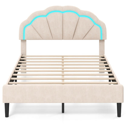 Platform Bed with Adjustable Petal Headboard and Wooden Slats Support-Double Size