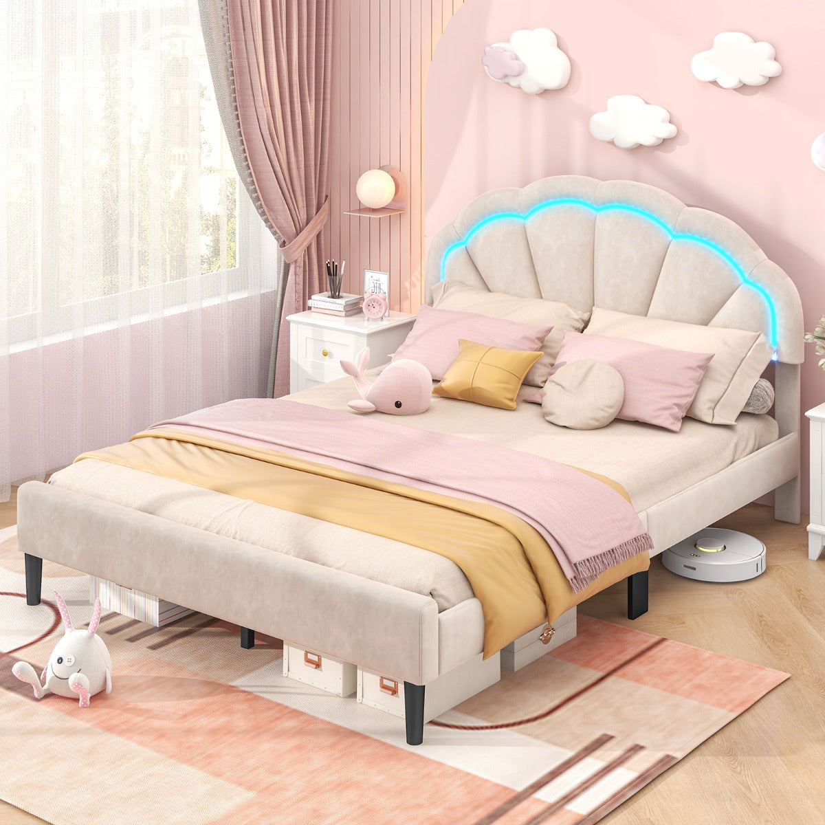 Platform Bed with Adjustable Petal Headboard and Wooden Slats Support-King Size