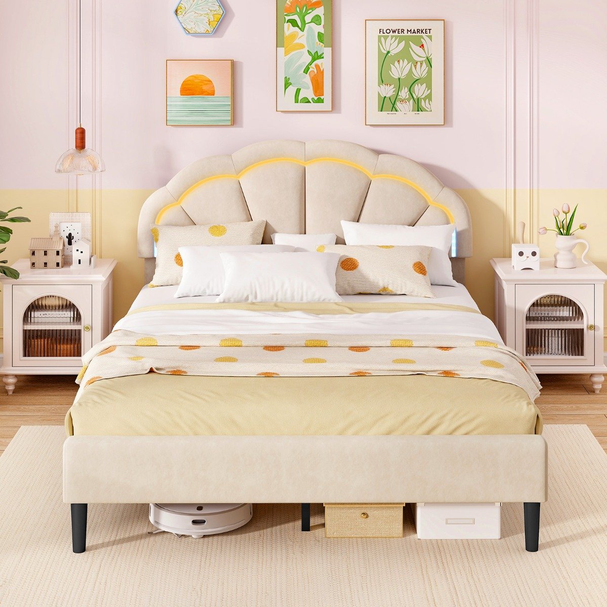 Platform Bed with Adjustable Petal Headboard and Wooden Slats Support-King Size