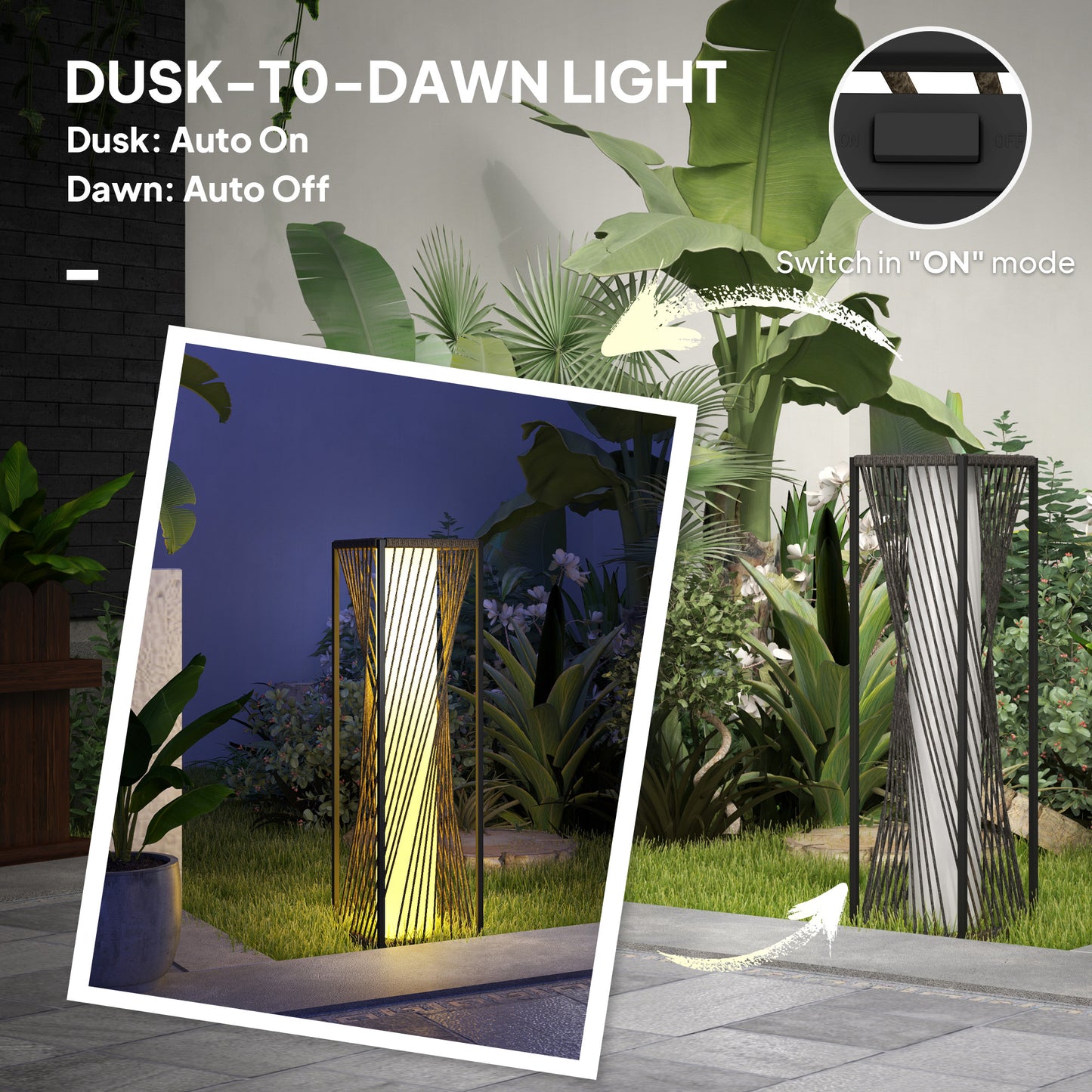 Outsunny Garden Rattan Lamp, 77 cm Tall Solar Rattan Floor Lamp, Solar Garden Light z automatycznym włączaniem/wyłączaniem świateł LED, IP44 Wodoodporny do użytku na zewnątrz, na ganku, ścieżce, tarasie, szary