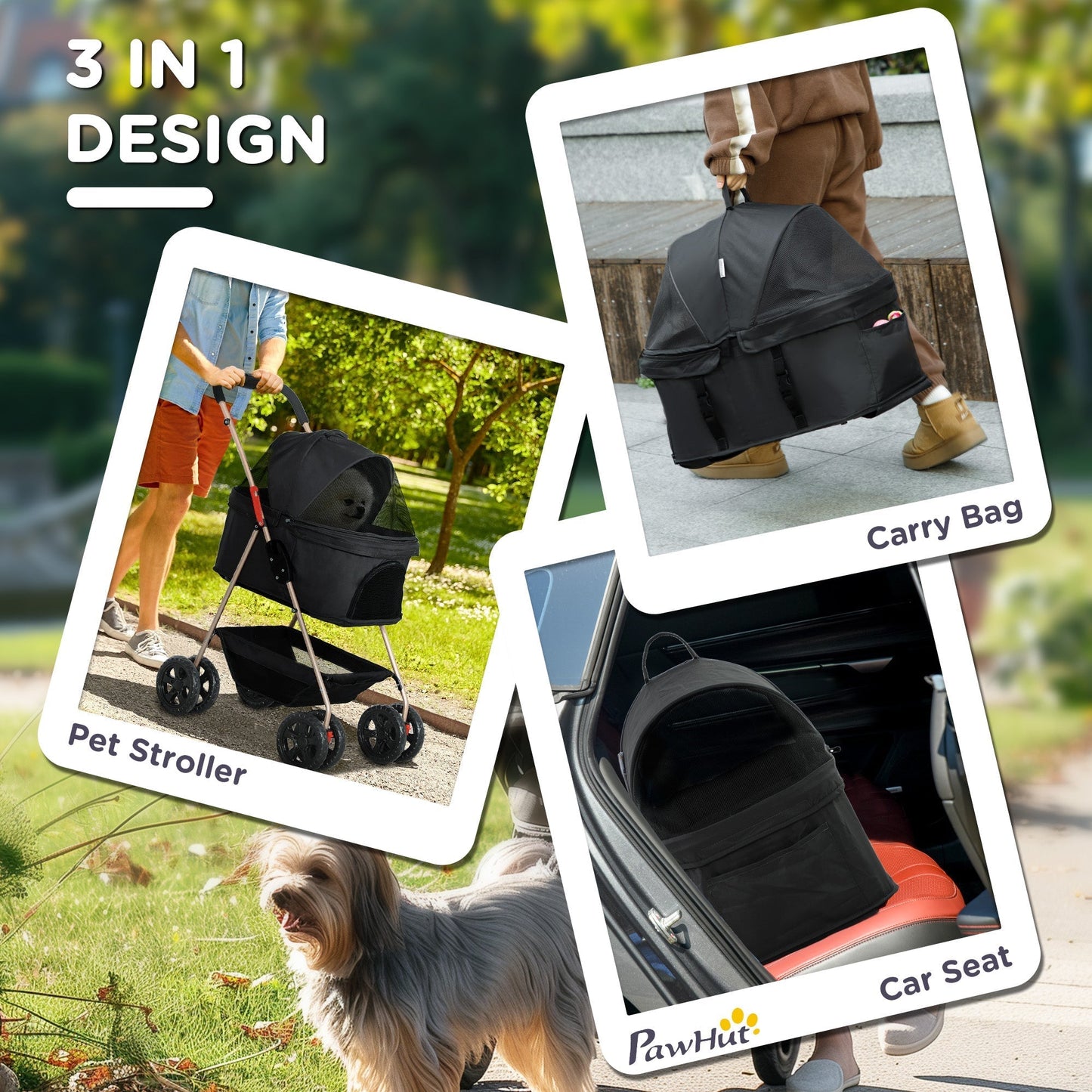 PawHut PawH 3-in-1 Pet Stroller, Folding 4 Wheel Dog Pram with Detachable Carrier for Mini Dogs, Cats, Black