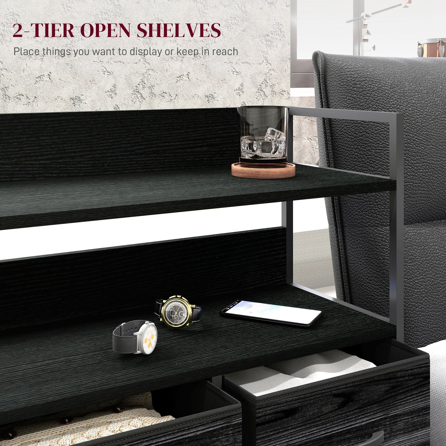 HOMCOM Rustic Chest of Five Fabric Drawers - Black