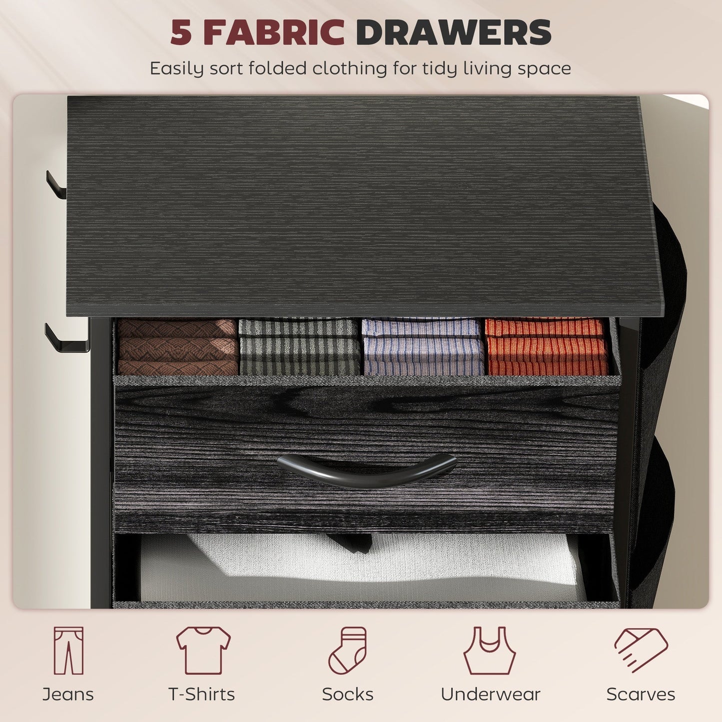 HOMCOM Chest of Five Fabric Drawers - Black