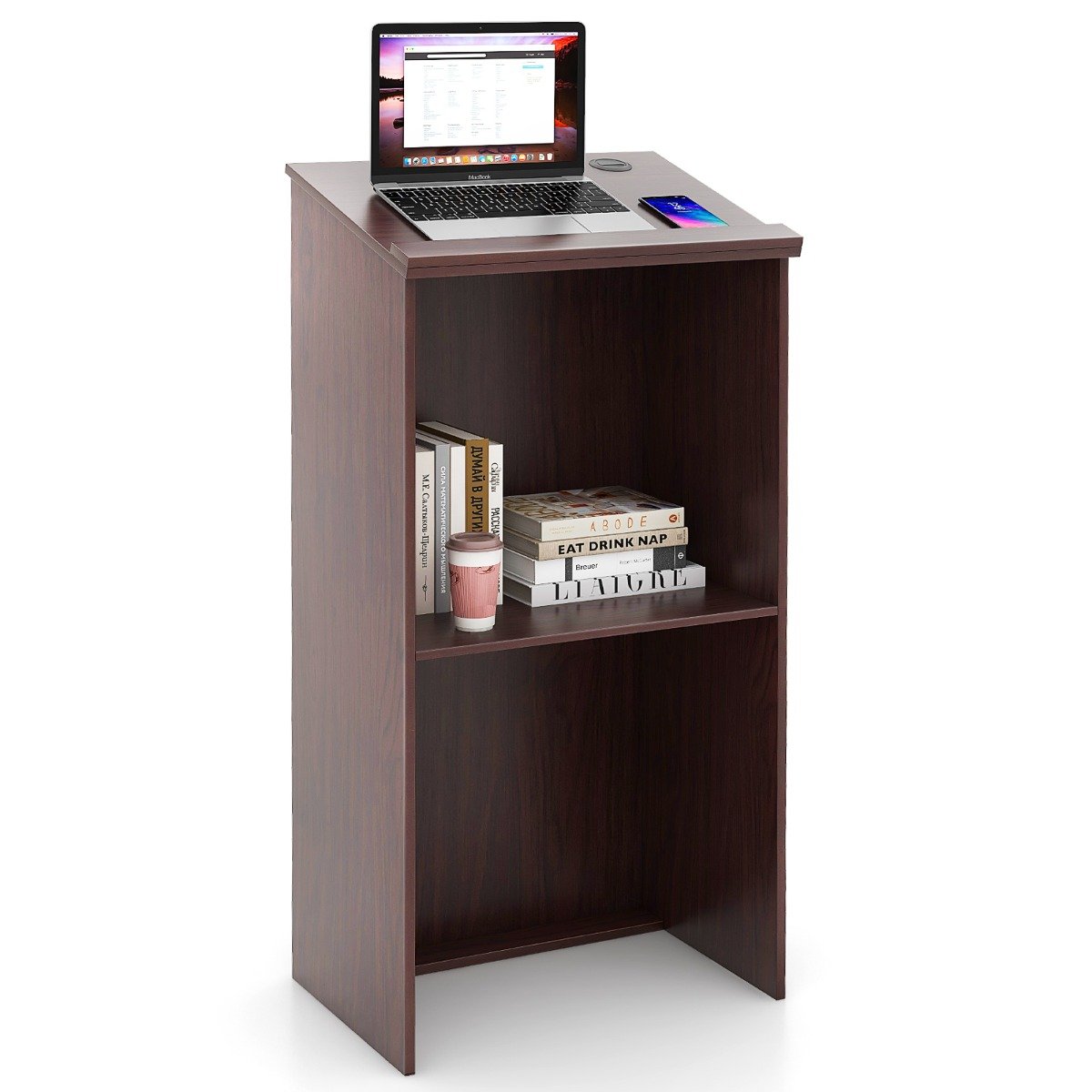 Podium Stand Hostess Stand for Speakers with Storage Shelf-Brown