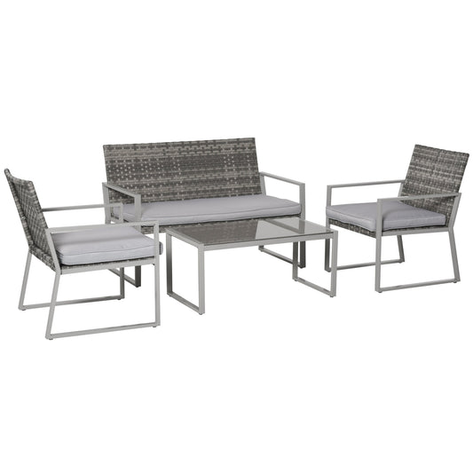 Outsunny 4-Seater Rattan Garden Furniture Set 2 Single Sofa Arm Chairs 1 Bench with Cushions & Coffee Table Patio Backyard Wicker Weave