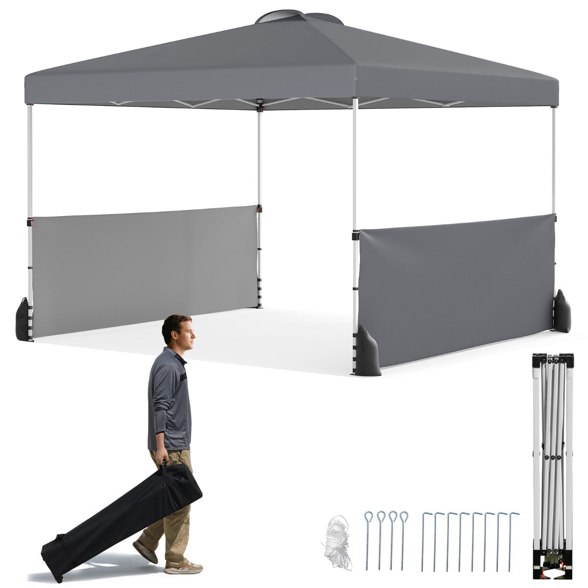 300 X 300 CM Pop up Canopy Tent with 2 Half Sidewalls-Grey