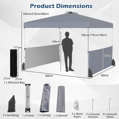 300 X 300 CM Pop up Canopy Tent with 2 Half Sidewalls-Grey