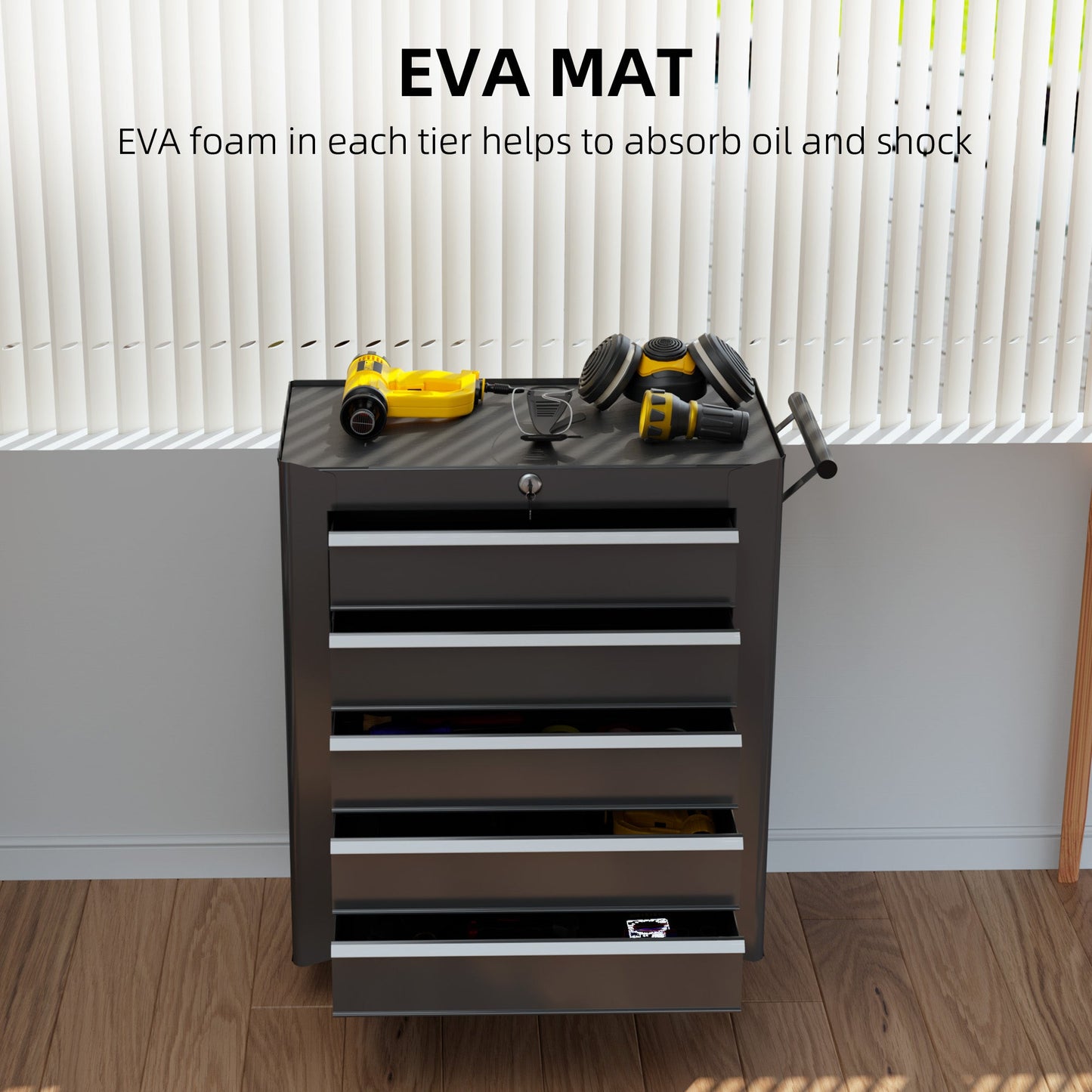 HOMCOM 5-Drawer Tool Chest with Wheels, Steel Lockable Tool Storage Cabinet with Handle, 2 Keys for Garage, Workshop, Black