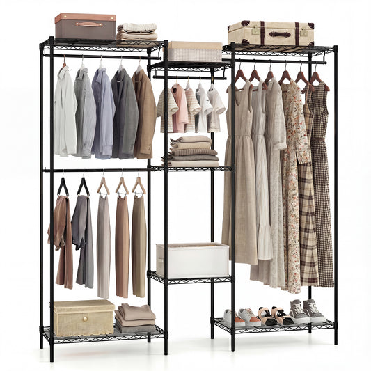 Portable Wardrobe Convertible Clothes Organizer with L-shape and Horizontal Installation-Black