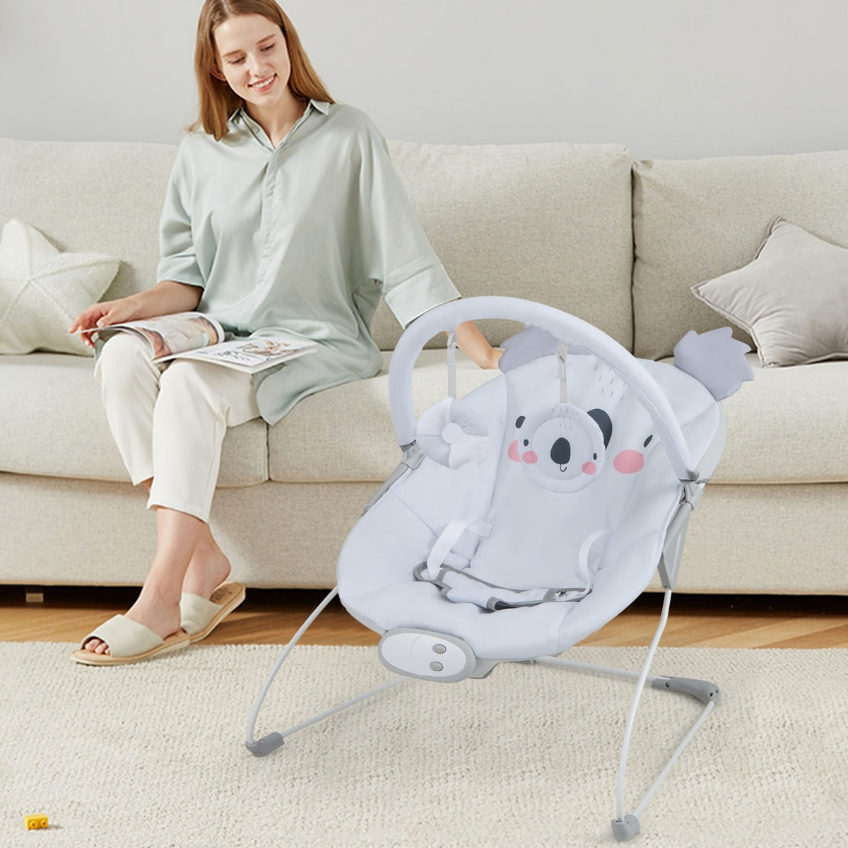 Portable Baby Bouncer with Detachable Toy Bar for Babies 0-6 Months Old up to 9 kg-Grey