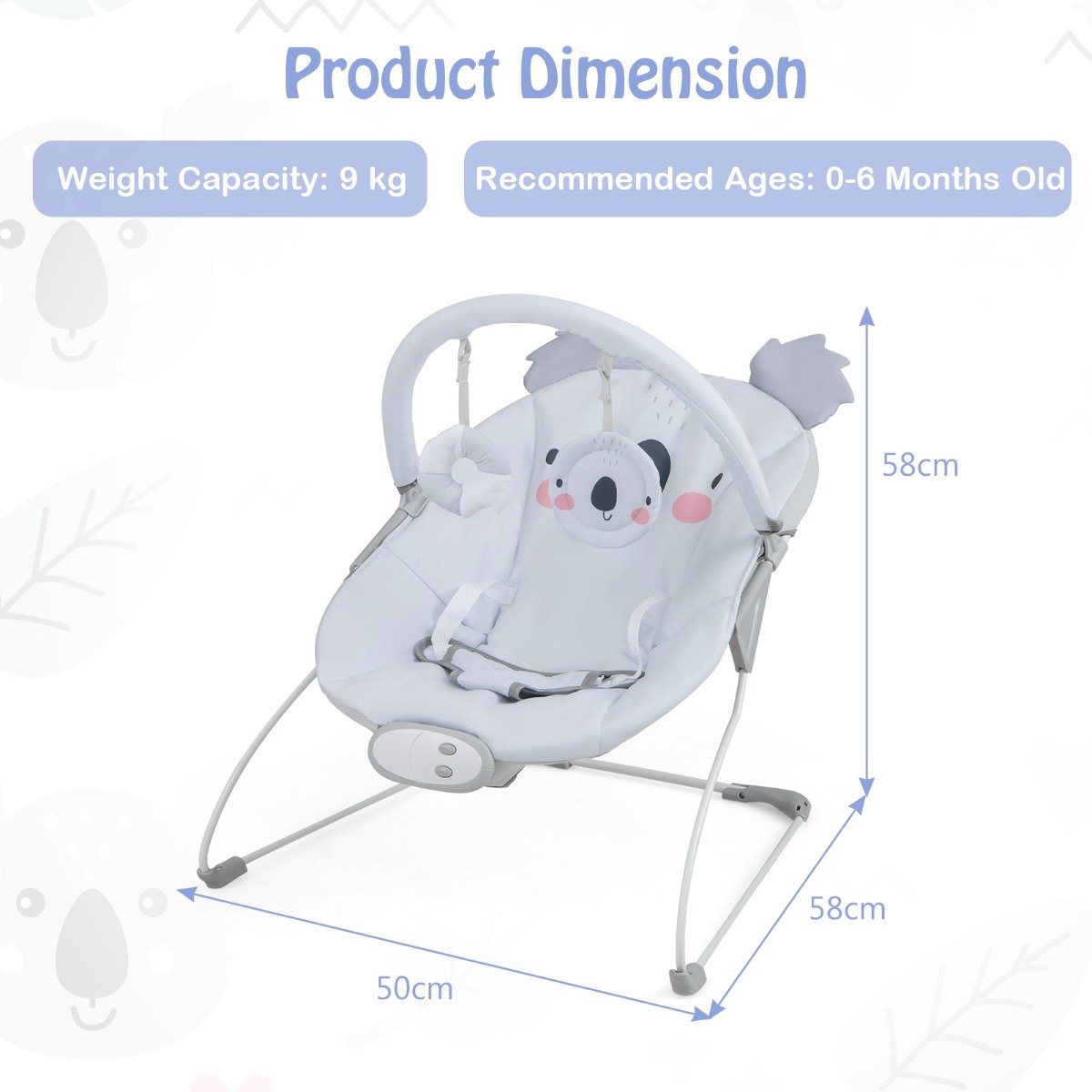 Portable Baby Bouncer with Detachable Toy Bar for Babies 0-6 Months Old up to 9 kg-Grey